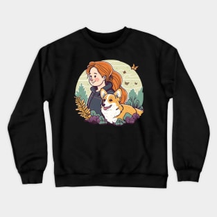 Corgi & Girl Cute Pembroke Welsh Corgi Floral Vintage Dog Lover Crewneck Sweatshirt